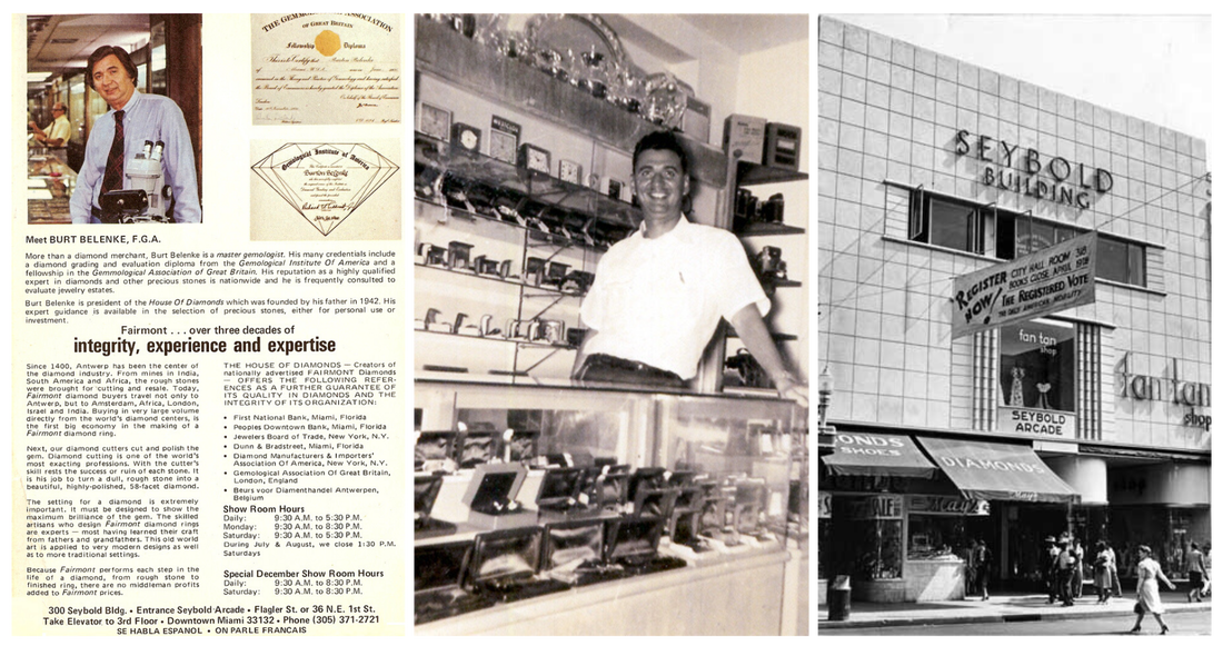 three images. awards for Burt Belenke, old article about the business, photos of Burt Belenke, old business storefront