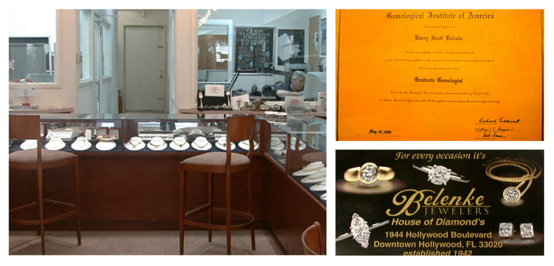 three images. jewerly store interior, award for Gemological Institute of America, business card for Belenke jewelers